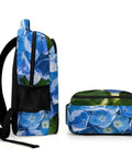 Side and top view of Hydrangea Bloom Printed Backpack For Men And Women Large Capacity Durable Polyester School Travel Bag With Breathable Fabric