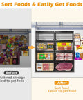 Four Large Expandable Freezer Bins With Easy Grab Handles, Before and After Organization in Freezer