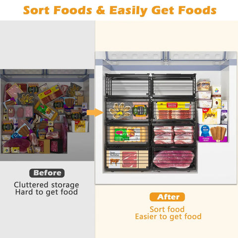 Four Large Expandable Freezer Bins With Easy Grab Handles, Before and After Organization in Freezer