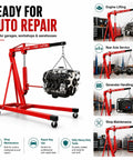 Heavy Duty 5000 Lbs Folding Engine Hoist With 8 Ton Hydraulic Pump Cherry Picker Crane lifting engine in garage setting.