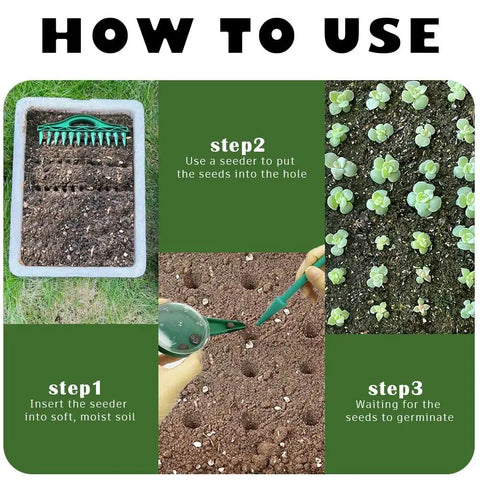 Image showing steps to use Versatile 7 Piece Seed Spreader Set With 12 Hole Seeder And Handheld Garden Planting Tool.