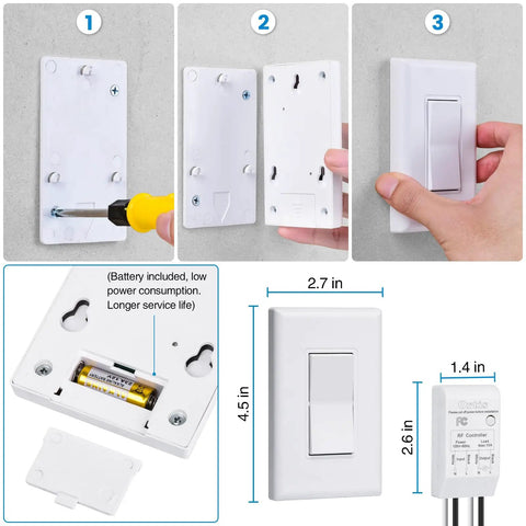 Steps to install Easy Install Wireless Light Switch And Receiver Kit With 300Ft RF Range Battery Included No Wiring Needed Remote Wall Switches