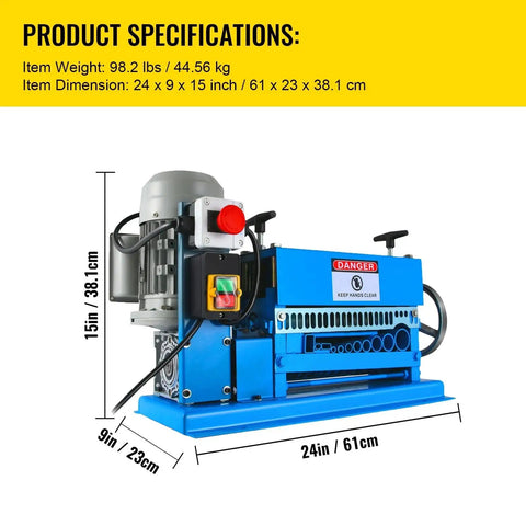 Top-Tier Heavy-Duty Electric Wire Stripping Machine, 370W powerhouse dimensions 24x9x15 inches, durable aluminum build.