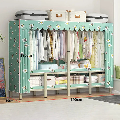 Straight Up Portable Closet Wardrobe System Backed By A Heavy Duty Foldable Garment Rack With Dual Hanging Rods And Ample Storage Shelves To Keep Your Daily Threads Clean with colorful fabric cover and shelves.
