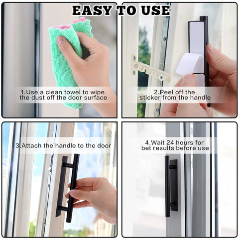 Installation steps for 8 Pack Adhesive Cabinet Handles Self Stick Push Pull Helpers Black ABS Material No Drill Instant Installation.