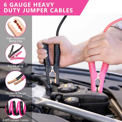 Hands using Must Have Portable Car Emergency Kit With 12V Air Compressor Jumper Cables First Aid Auto Tool Set Roadside Safety Gear Winter Driving Essentials Hot Pink Kit For Women Men Teens on car engine