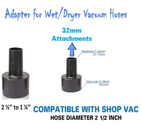 Easy Fit Vacuum Hose Adapter Kit, shows adapter for 32mm attachments, compatible with shop vac, indicating dimensions in image.