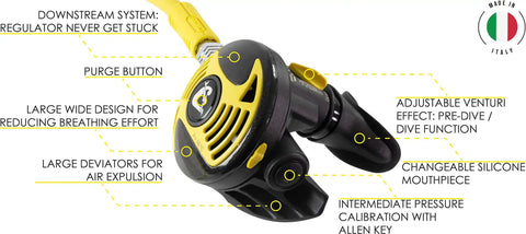 Octopus XS2 Scuba Diving Regulator Second Stage With Downstream Valve, Lightweight Flexible Design, Made In Italy, Yellow And Black
