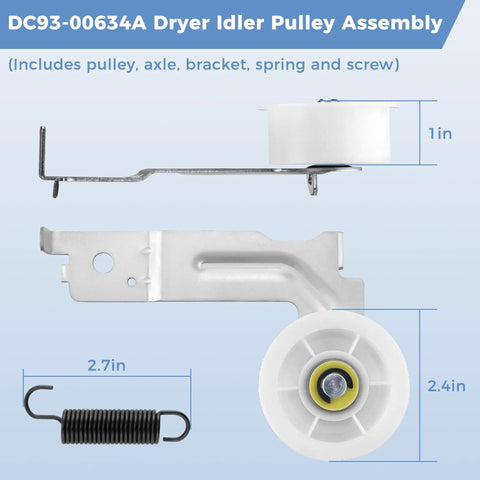 Samsung Dryer Repair Kit DC93-00634A Idler Pulley Assembly with measurements and components shown
