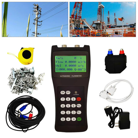 Kickass Boss Level Handheld Ultrasonic Liquid Flow Meter For Seawater And Industrial Sewage With Digital Display showing flow data and accessories.