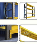 Heavy Duty Four Tier Garage Shelving Unit Built Tough With Diagonal Support Beams showcasing steel frame and adjustable yellow shelves.