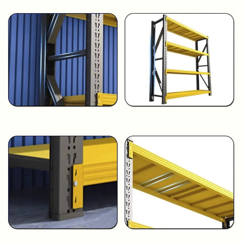 Heavy Duty Four Tier Garage Shelving Unit Built Tough With Diagonal Support Beams showcasing steel frame and adjustable yellow shelves.