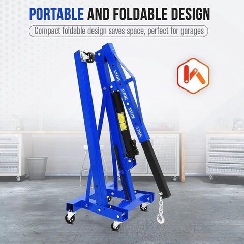 2 Ton Folding Engine Hoist With 4400 Lb Hydraulic Capacity, Heavy Duty Cherry Picker For Auto Shops, foldable blue design for easy storage.