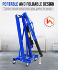 Heavy Duty Folding Hydraulic Engine Hoist With Telescopic Boom, Two Ton Cherry Picker Shop Crane folded for space-saving.
