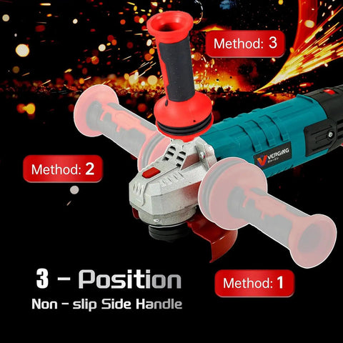 Beast Four And A Half Inch Angle Grinder With 1200W Motor, 11,000 RPM, shown with non-slip shockproof handle and grinding wheel.