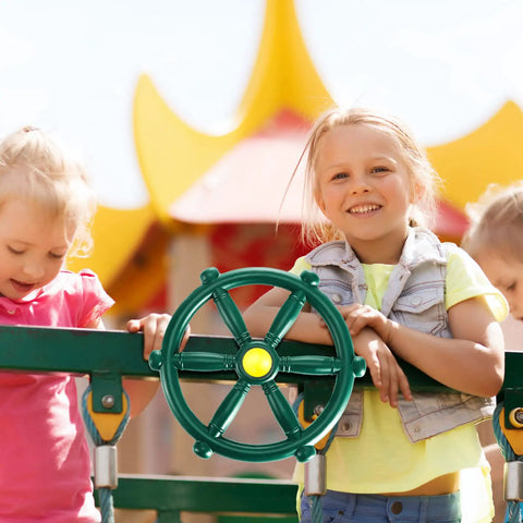 Children playing with ship wheel from Pirate Ship Playground Accessories Set With Ship Wheels Telescopes And Safety Handles For Outdoor Playhouses And Treehouses Kid Friendly Backyard Adventure Toy Phone Included