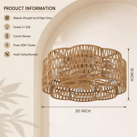 Pixxrib Boho Caged Ceiling Fans with Lights for Bedroom Living room, 20 inch, made of wrought iron and paper twine, remote control.