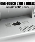 Close-up of Electric Desktop 2 To 3 Hole Punch With 30 Sheet Capacity. Gray selector switch for easy hole format change.