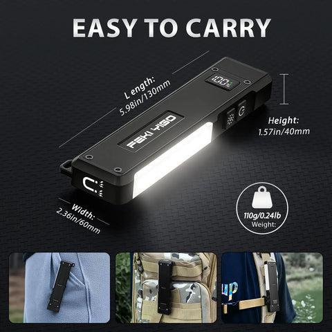Ultra Slim Flat EDC Flashlight Rechargeable 1800 Lumen Pocket Light With 365nm UV And RGB Modes Magnetic Base shown attached to bags