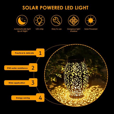 Fairy Solar Lights Outdoor Garden Decor Bucket Type 2 Pack waterproof lanterns with intricate light shadow pattern at night.