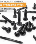 Over Four Hundred Piece Stainless Steel Black Wood Screws Set With Phillips Pan Head Self Tapping Coarse Thread For Interior And Exterior Projects In Sizes Four To Ten And Lengths From Quarter Inch To One And A Half Inches Great For Diyers And Pros Alike