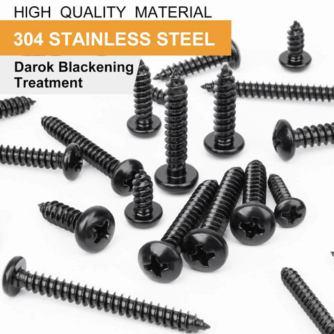 Over Four Hundred Piece Stainless Steel Black Wood Screws Set With Phillips Pan Head Self Tapping Coarse Thread For Interior And Exterior Projects In Sizes Four To Ten And Lengths From Quarter Inch To One And A Half Inches Great For Diyers And Pros Alike