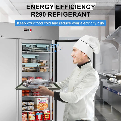 Chef holding fish in front of open 54 Inch Wide Two Door Commercial Freezer Featuring 49 Cubic Feet Of Sleek Stainless Steel Build.