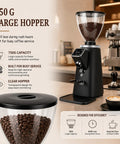 No Nonsense Electric Coffee Bean Grinder With Quick Timer Dial Crisp Led Display Silver Frame Spacious Hopper And Razor Sharp Burrs Making Fresh Grounds A Total Game Changer For Daily Grinds showcasing 750g large hopper filled with coffee beans.