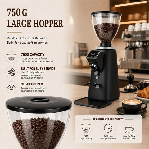 Top Rated Electric Flat Burr Coffee Grinder With Rapid Grind Selector For Espresso Portafilter large 750g hopper in a sleek black design.