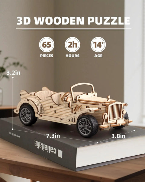 3D Wooden Puzzle Car Model Kit for Adults, Vintage Pull Back Car Build Set With 65 Parts, Easy 1 to 2 Hour Assembly, Classic Retro Auto Design for Hobbyists and Collectors. 7.3in wooden car model on display box