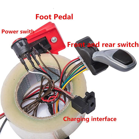 12V Kids Ride On Car DIY Harness Kit with Remote, showing circuit board, wires, and switch components for wireless play.