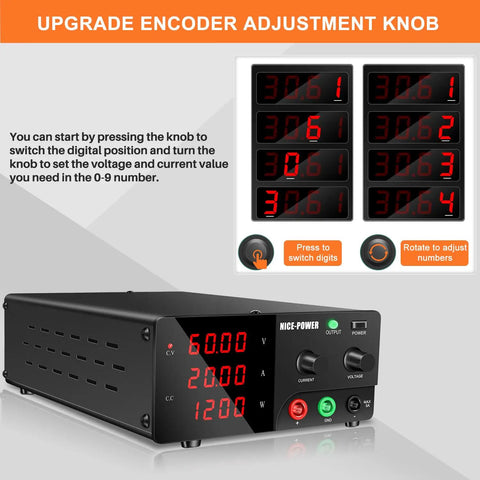 High Power DC Bench Power Supply 0-60V 0-20A 1200W With Encoder Knob And Output Switch Adjustable Regulated For Repair And Test Benchtop Power Source Black, front view