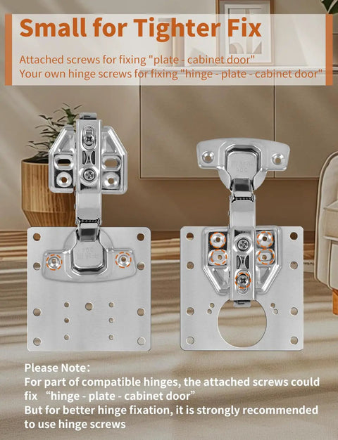 Upgraded Cabinet Hinge Repair Plate Kit With Screws, shown in stainless steel, against kitchen backdrop, easy installation