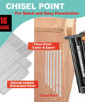 Heavy Duty 15000 Pack 18 Gauge Brad Nails 2 Inch Electro Galvanized Steel shown with chisel point for easy penetration.