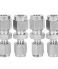 4Pack 304 Stainless Steel Compression Fittings Straight Double Ferrule Tube Adapter 1/8Inch To 1/4Inch Pipe Reducer Connector from different angles.