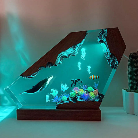 Blue Whale Resin Lamp With Wood Base RGB Ocean Nightstand Light For Coastal Home Office Decor Handcrafted Ocean Gift