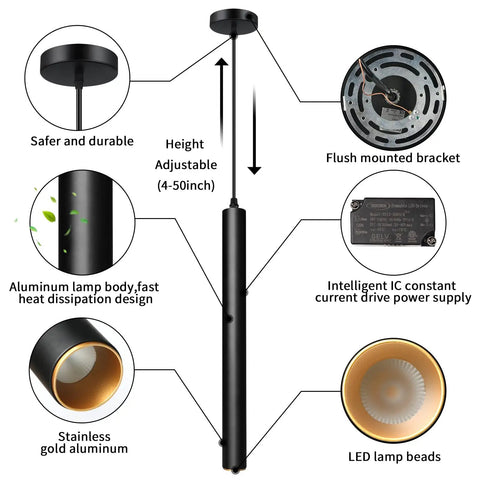 Diagram of Sleek LED Pendant Lights 4000K Dimmable, 15.7 Inch, 10W Each, ETL Listed, showcasing components like aluminum body and LED lamp beads.