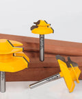 Close-up of 45 Degree Lock Miter Router Bit Set, 3-Piece, For 1/2, 5/8, 3/4 Inch Cutting Height, 1/4 Inch Shank, with wooden boards