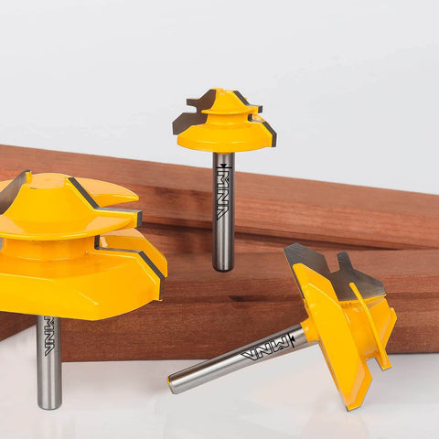 Close-up of 45 Degree Lock Miter Router Bit Set, 3-Piece, For 1/2, 5/8, 3/4 Inch Cutting Height, 1/4 Inch Shank, with wooden boards