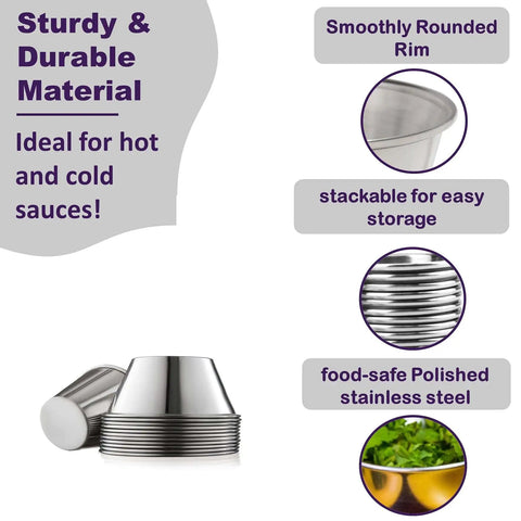 Stainless Steel Sauce Cups Set 12-Pack Small Dipping Ramekins for Condiments, 1.5 oz, reusable, stacked and polished, ideal for sauces.