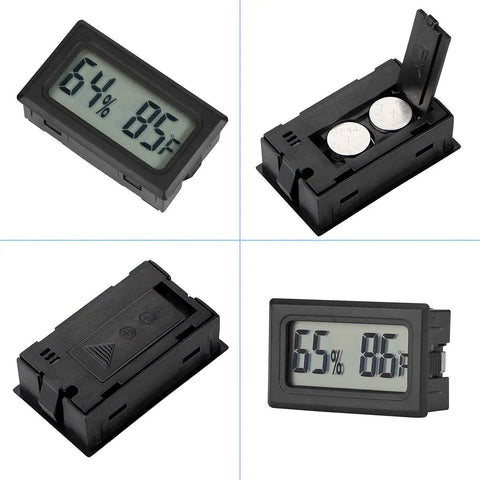Four Pack Mini Digital Temp And Humidity Meters With Probes, LCD displays showing temperature and humidity readings, battery compartment visible