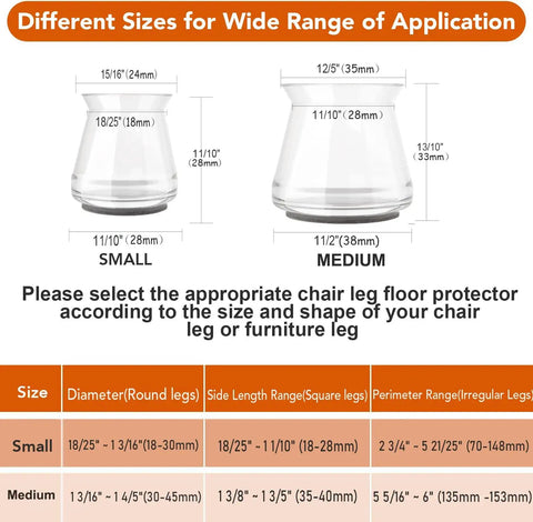 Size chart for 24 Pack Elastic Chair Leg Floor Protectors For Hardwood Floors, Scratch Guard for small and medium chair legs.