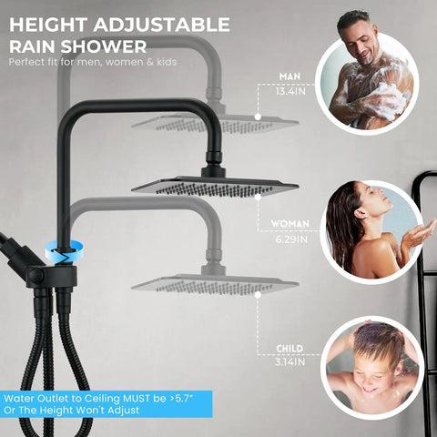 8 Inch High Pressure Rain Shower Head With Handheld Spray Duo Shower Head Set showing adjustable height for various users