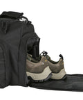 60L Heavy Duty Duffel Travel Bag with Waterproof 900D Exterior and Foldable Design Large Luggage showing side shoe pocket