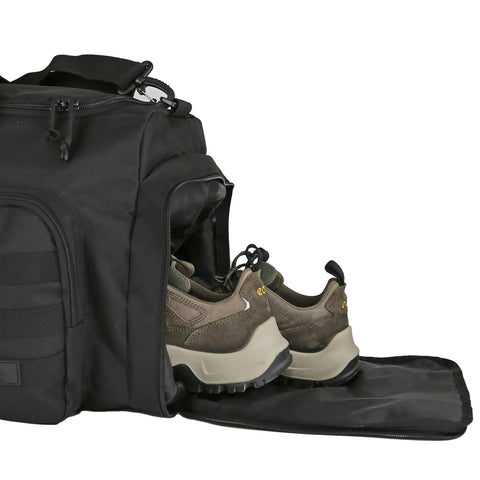 60L Heavy Duty Duffel Travel Bag with Waterproof 900D Exterior and Foldable Design Large Luggage showing side shoe pocket