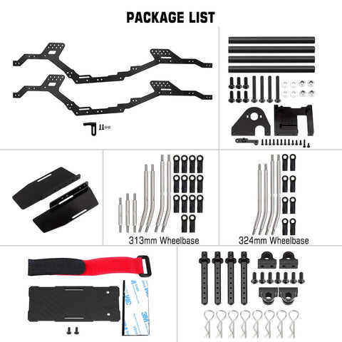 Package list of 313/324 Millimeter Wheelbase LCG Carbon Fiber Chassis Kit for 1/10 RC Crawler TRX4 with components included