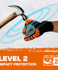 Heavy Duty Impact Gloves For Men And Women, TPR Knuckle Guards, Cut Resistant Nitrile Grip, Level 4 Abrasion Grip, Red, Medium Size shown blocking hammer.