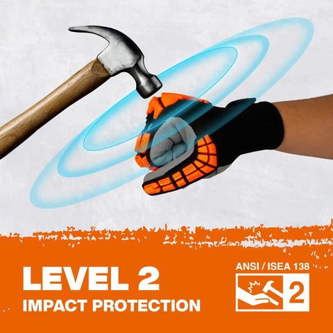Heavy Duty Impact Gloves For Men And Women, TPR Knuckle Guards, Cut Resistant Nitrile Grip, Level 4 Abrasion Grip, Red, Medium Size shown blocking hammer.