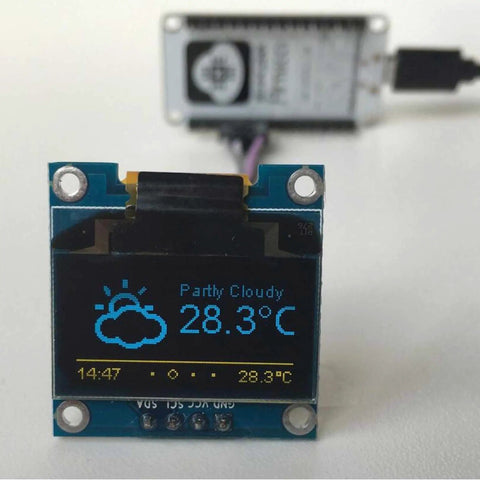 1.3 Inch OLED Display 128x64 from Electronics Starter Kit With WiFi Development Board And DHT11 Temperature Humidity Sensor showing weather icons