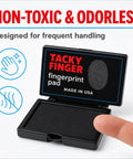 Top Shelf Premium Inkless Fingerprint Tacky Sheets For Notary And Legal Forms Black 4 Pack, opened pad with finger.